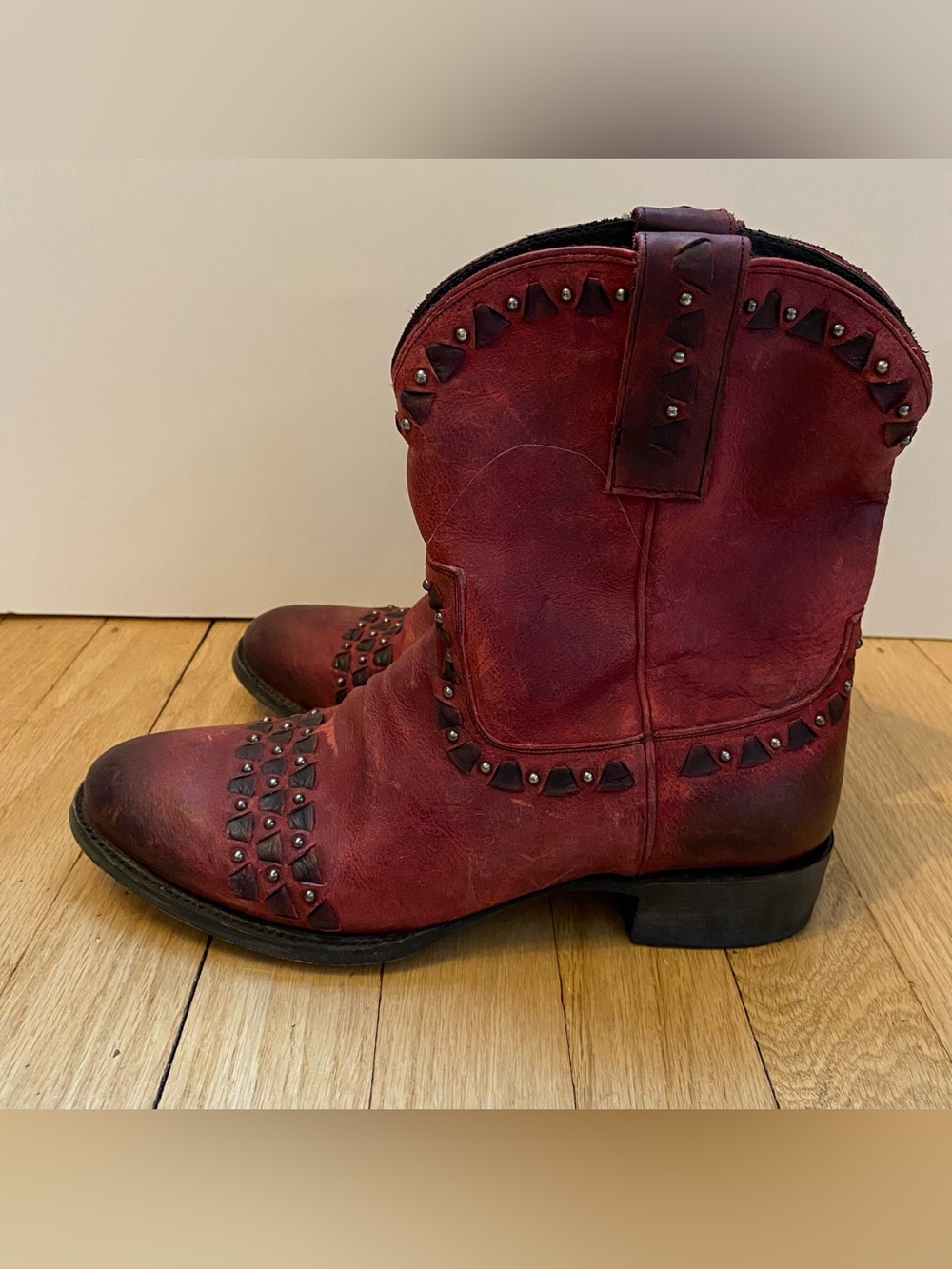 Lane Boots Womens 7.5 Leather Red Studded Embroidered Western Cowgirl Mid Calf